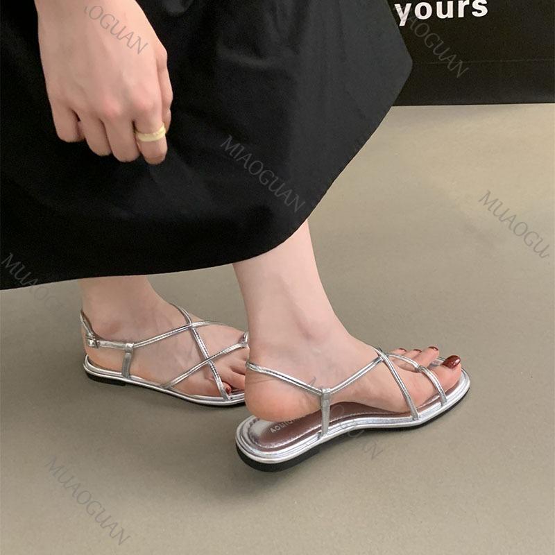 Fashion Women's Summer New Flat Bottom Sandals Casual Clip Toe Strappy Soft Sole Roman Shoes Solid Color Cross Strap Beach Sandales