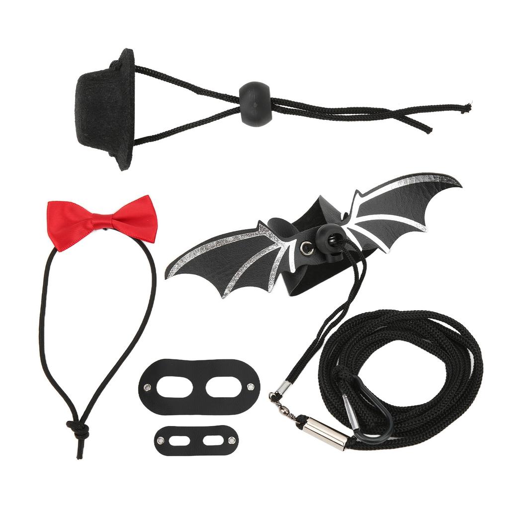 Reptile Harness and Leash Adjustable Lizard Traction Rope Hat Bowtie Set for Small Pet Animals(Black and Red Hat Set