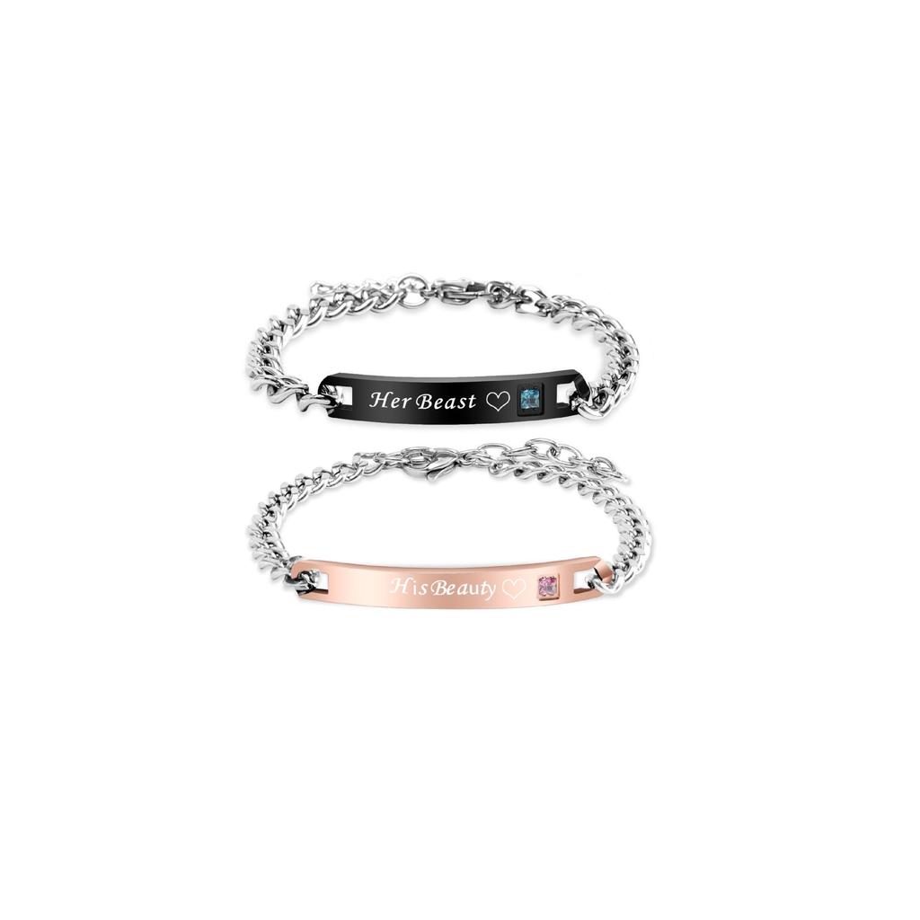 Crown Heart Zirconia Engravable Titanium Steel Couple Bracelet - Valentine's Day Gift