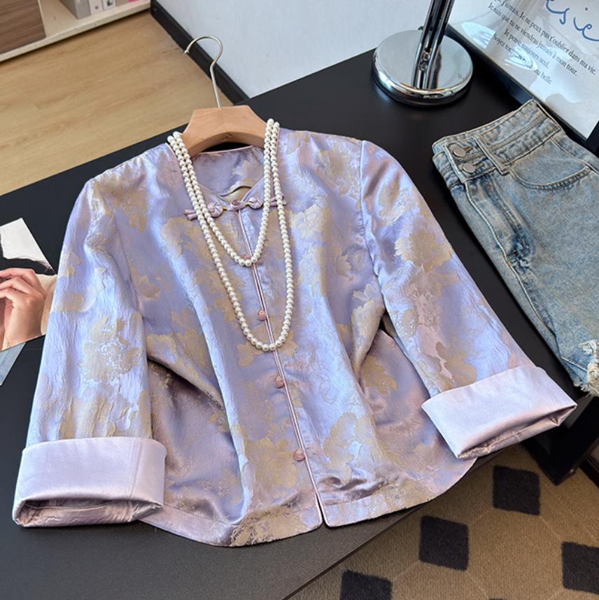 Silk Anti-Aging Satin Jacquard Plus Size Embroidered Short Jacket for Middle-Aged Women XL