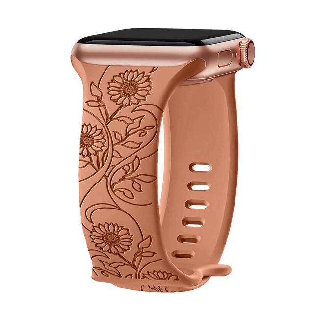 Floral Engraved Strap For Apple Watch Band 40mm 44mm 41mm 49mm 45mm 38mm 42mm Silicone Bracelet Iwatch Series 9 7 Se 6 8 Ultra 2