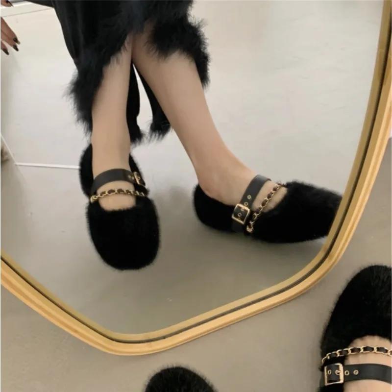 Fashion Designer Spring Autumn Women Warm Fur Shoes Fashion Shallow Slip On Ladies Flats Shoes Round Toe Women's Mary Jane Shoes