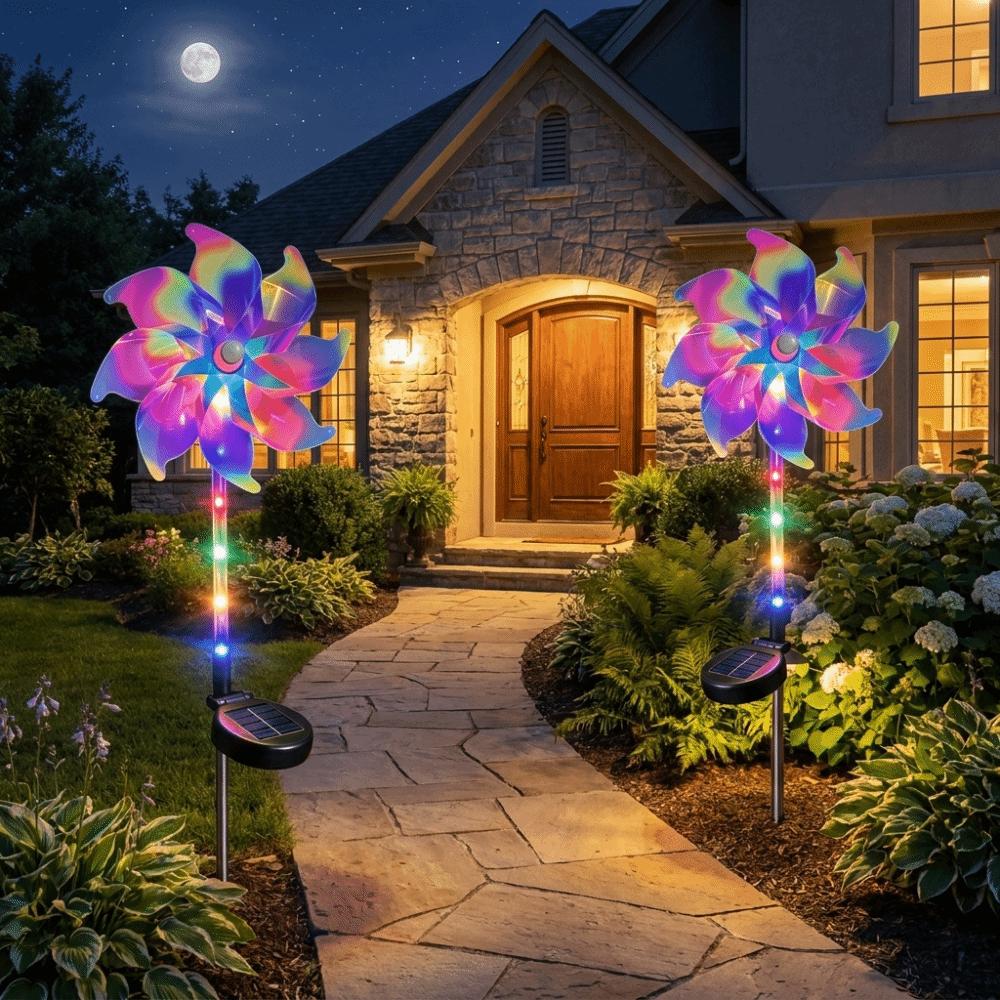Creative Solar Powered Windmill Lamp Rotating Colorful Turning Windmill Lawn Lamp Cordless Realistic Garden Floor Lamp