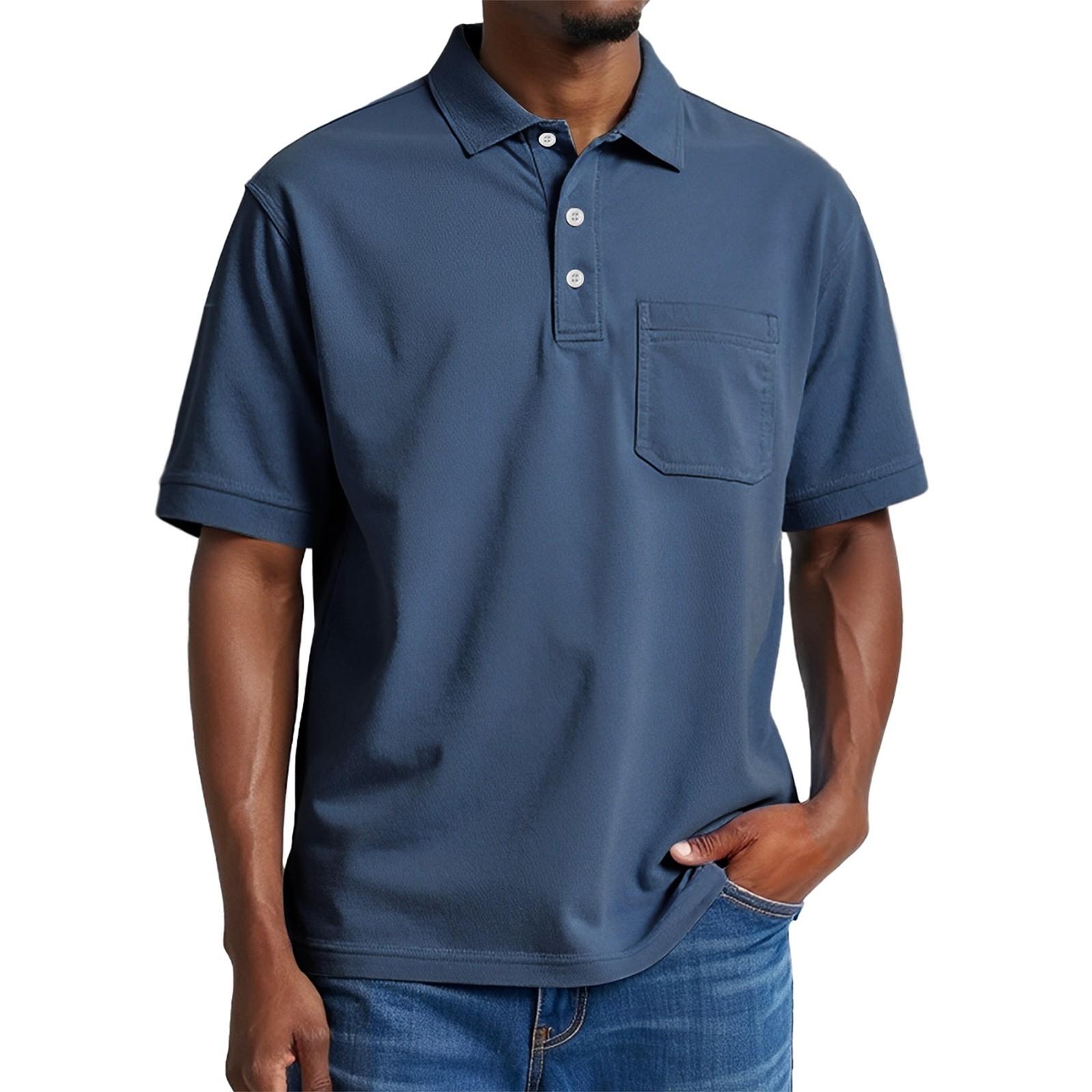 Men s Summer Color Button Pocket Lapel Loose Short Sleeve Top XXXL
