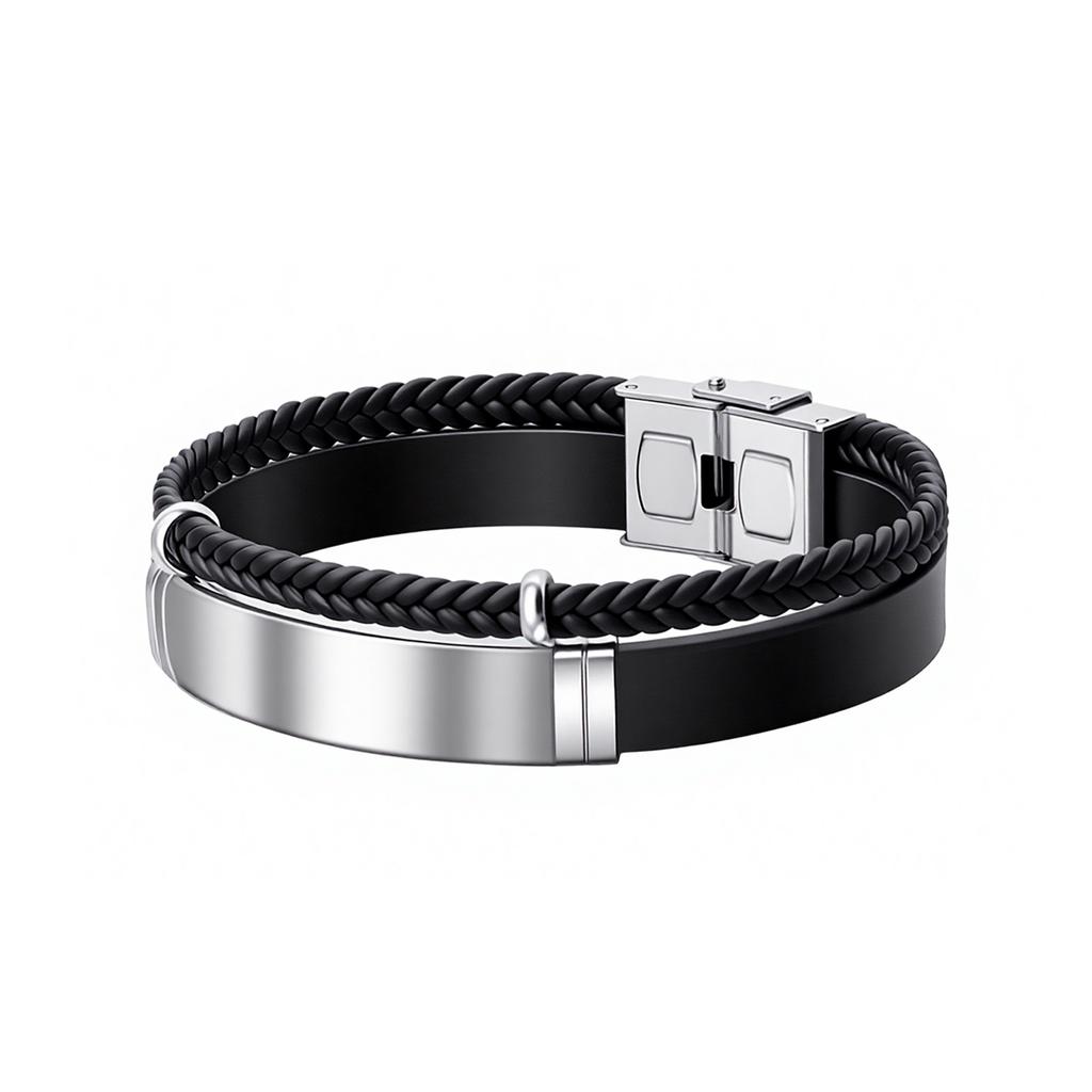 Simple Twisted Braid Leather Bracelet Stainless Steel Chain Engravable Jewelry