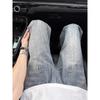 American Lightning Pattern Jeans Men's Autumn Niche Heavy Craftsmanship Straight Pants Loose Pocket Design Micro-pull Pants