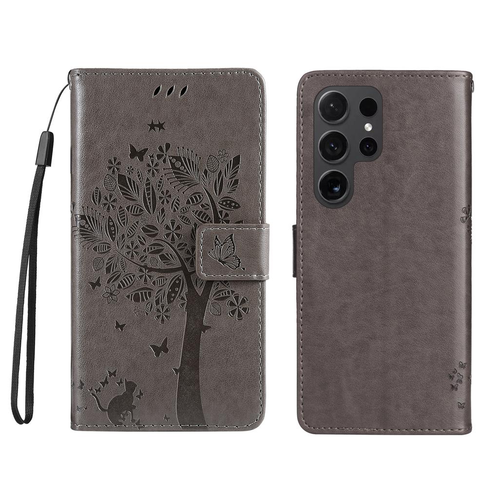 For Samsung Galaxy S24 Ultra Phone Case with Stand Cat Tree Pattern Leather Wallet Mobile Cover