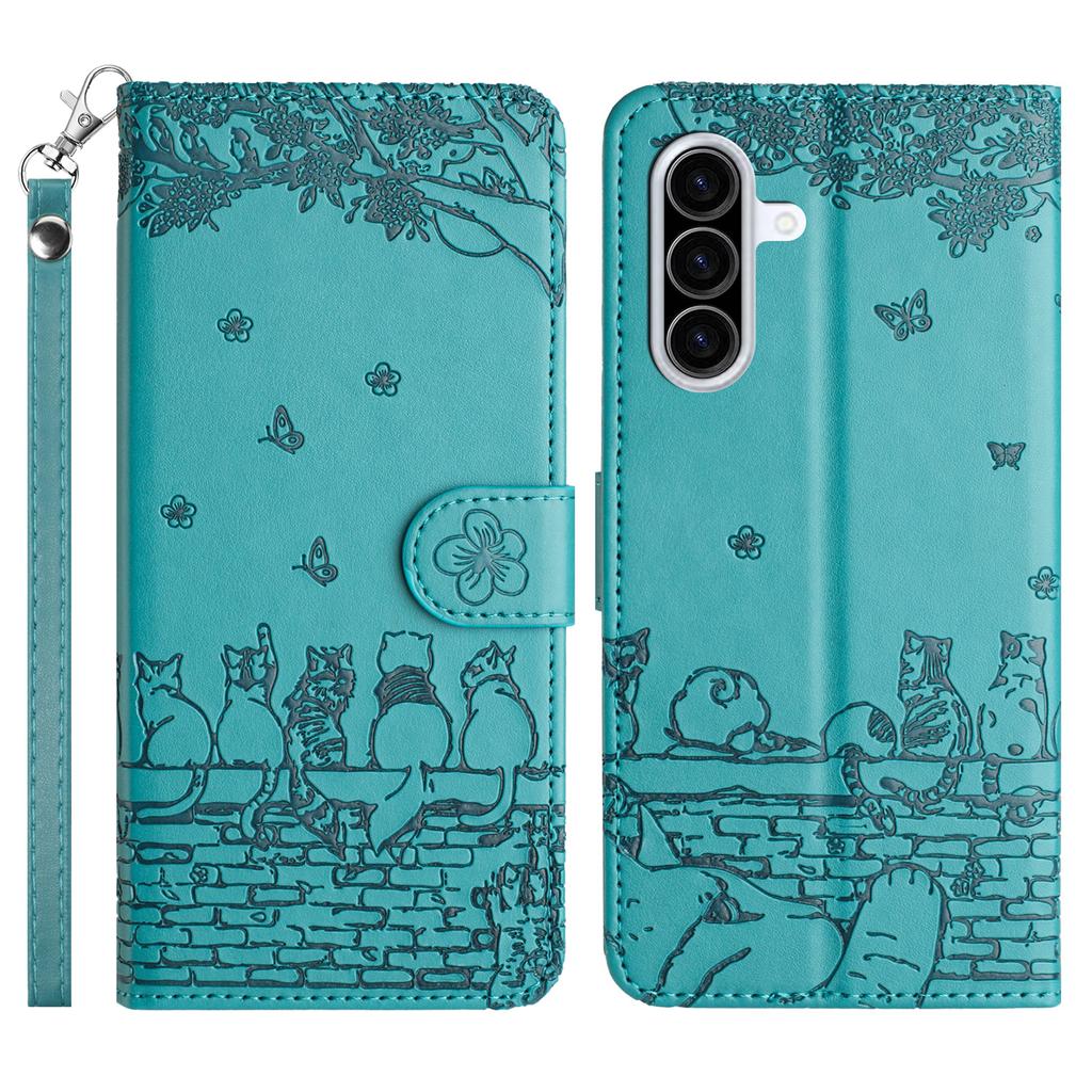 For Samsung Galaxy A57 5G Case with Wrist Strap Leather Phone Cover Wall Cats Pattern