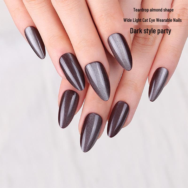 Dark Party Style Cat-Eye Almond Press-On Nails - Short Teardrop Shaped and Adhesive