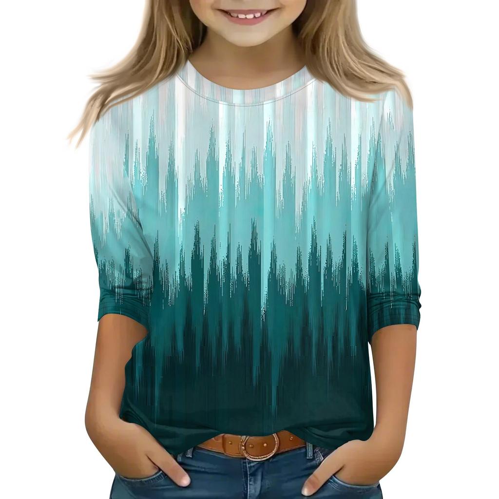 Children's 3/4 Sleeve Tops Casual Print T Shirt Round Neck Pullover Blouse