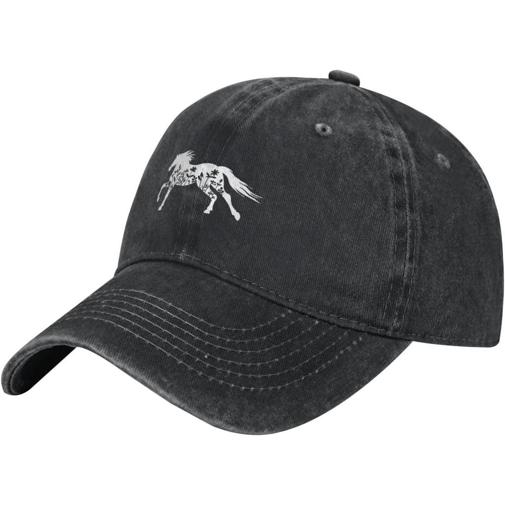 Floral Horse Graphic Washed Cotton Baseball Cap Breathable Adjustable Golf Hats for Unisex