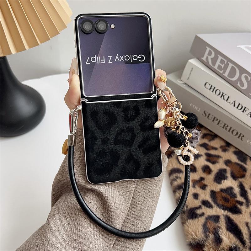 Samsung ZFLIP7 Leopard Print Case with Silver Edge & Hand Strap - Fits ZFLIP6/5