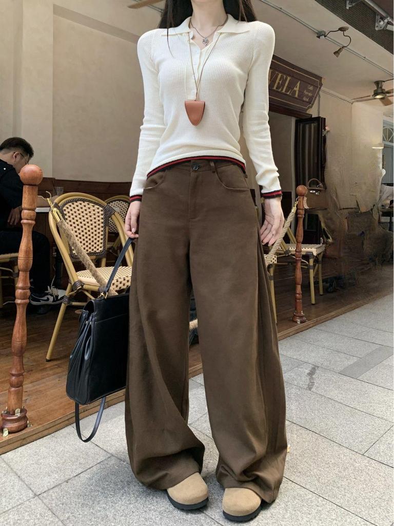 Autumn Chaka Wide-Leg Pleated Casual Pants - Slimming, Loose Fit, Solid Color