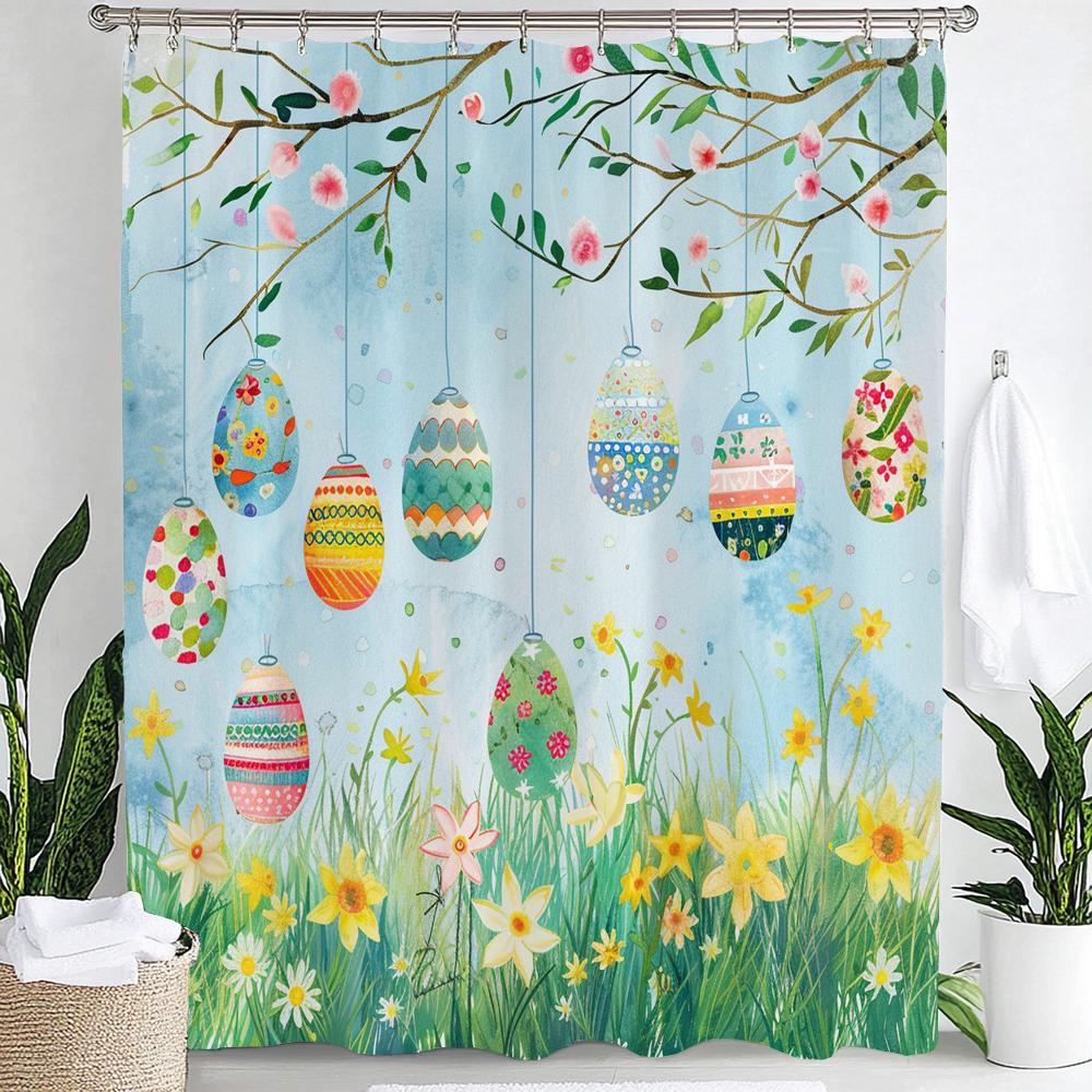 Cute Bunny Shower Curtain, Floral Colorful Eggs Wooden Plank Bowknot Bathroom Decorative Curtain, Waterproof Shower Curtain