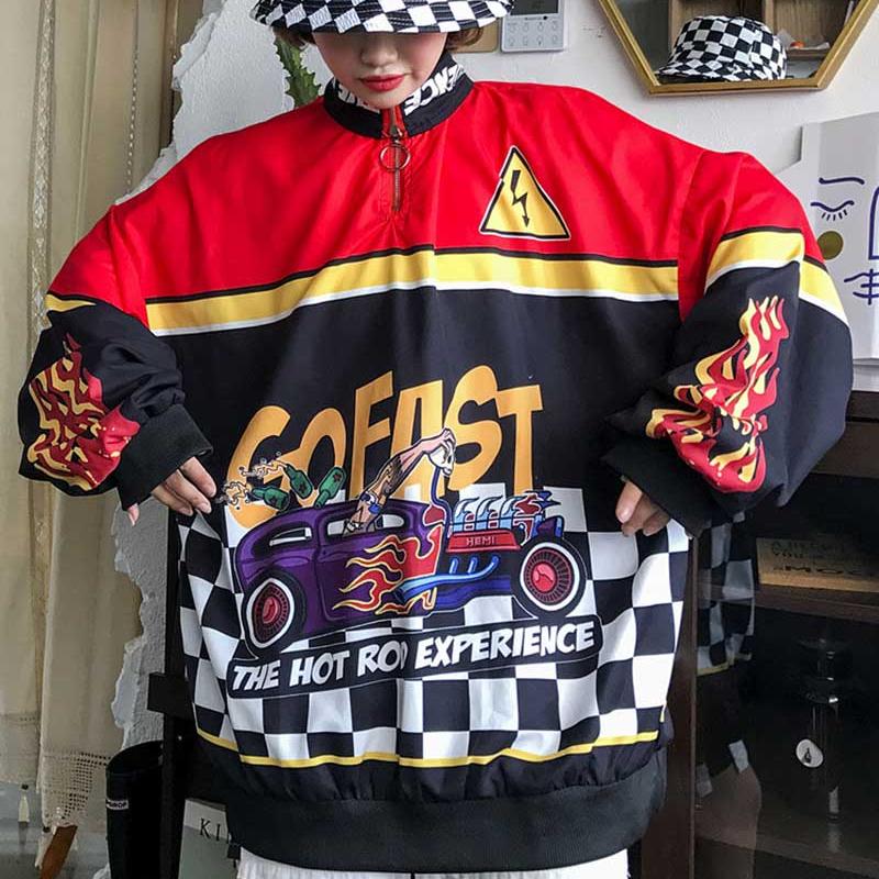 Women Jacket Trendy Tops New Harajuku Style Flame Printing Loose Sweatshirt Casual Oversize Hoodies Hip-hop Fashion