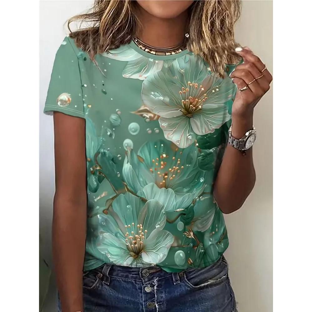 Comfortable Simple Flower Print Top Fashionable Versatile Women's Short-sleeved Casual Loose T-Shirts Women’s