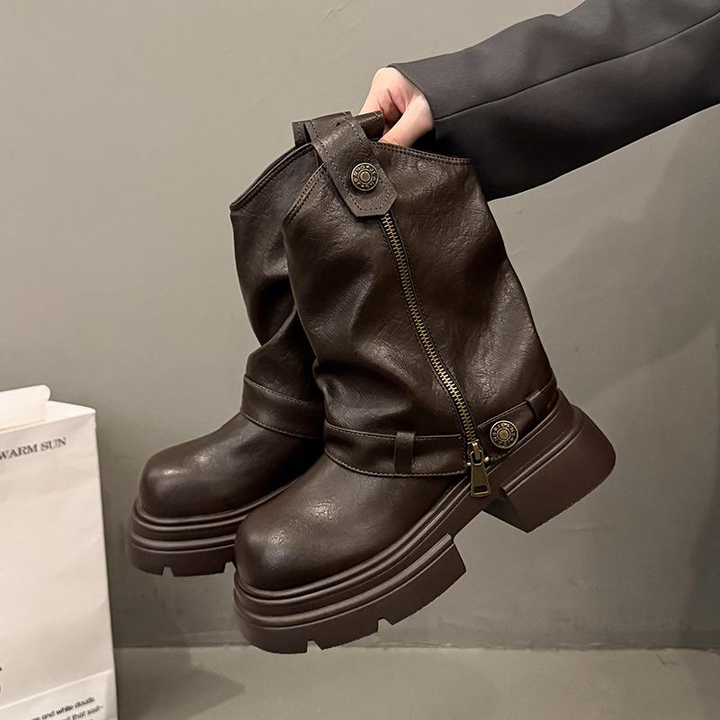 

Winter Platform Thick Heel Women Short Boots Fashion Belt Buckle Shoes Street Style Banquet Motorcycle Botas Mujer 35