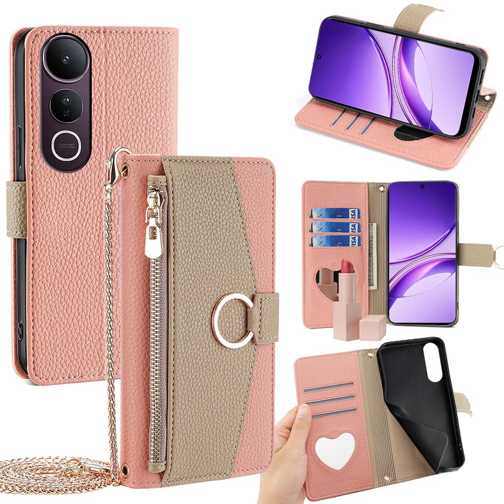 For vivo V50 Lite 5G Case Mirror Wallet Leather Phone Cover with Chain Shoulder Strap
