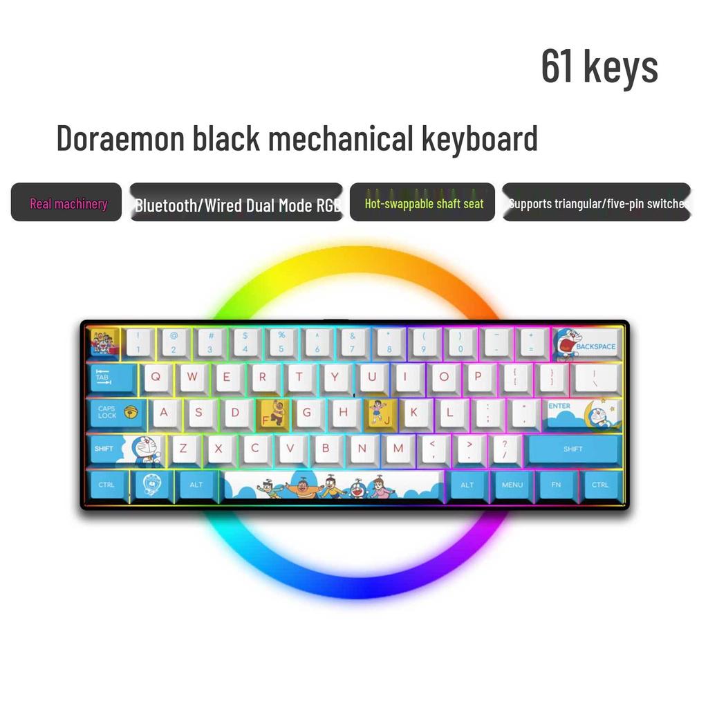 Dual-Mode 61-Key Wireless/Wired Mechanical Keyboard - Compact, Portable, Silent Gaming/Office Design for Girls