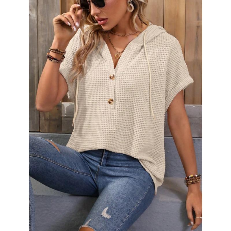 

JKASHDK Женская мода повседневная летняя весна однотонная принтованная блузка с коротким рукавом и капюшоном и рубашками XXL хаки