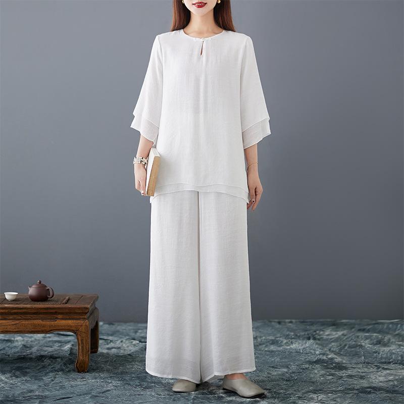 

Весна 2024 Ретро Этнический Дзен Чайный и Йога Набор: Женский костюм из хлопка и льна с рукавом семь восьмых XL белый