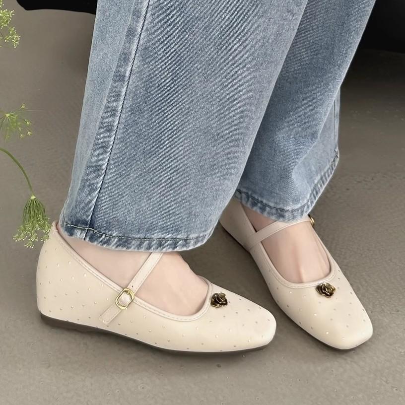 Retro Camellia Inner Height Increase Square Head Mary Jane Single Shoes One-word Buckle Belt Thick Heel with Skirt Small Leather Shoes Women