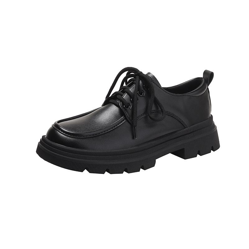 Women's Black Matte Lace-Up Shoes with Thick Soles, Height-Enhancing, British Style, New for Spring and Autumn 2024.