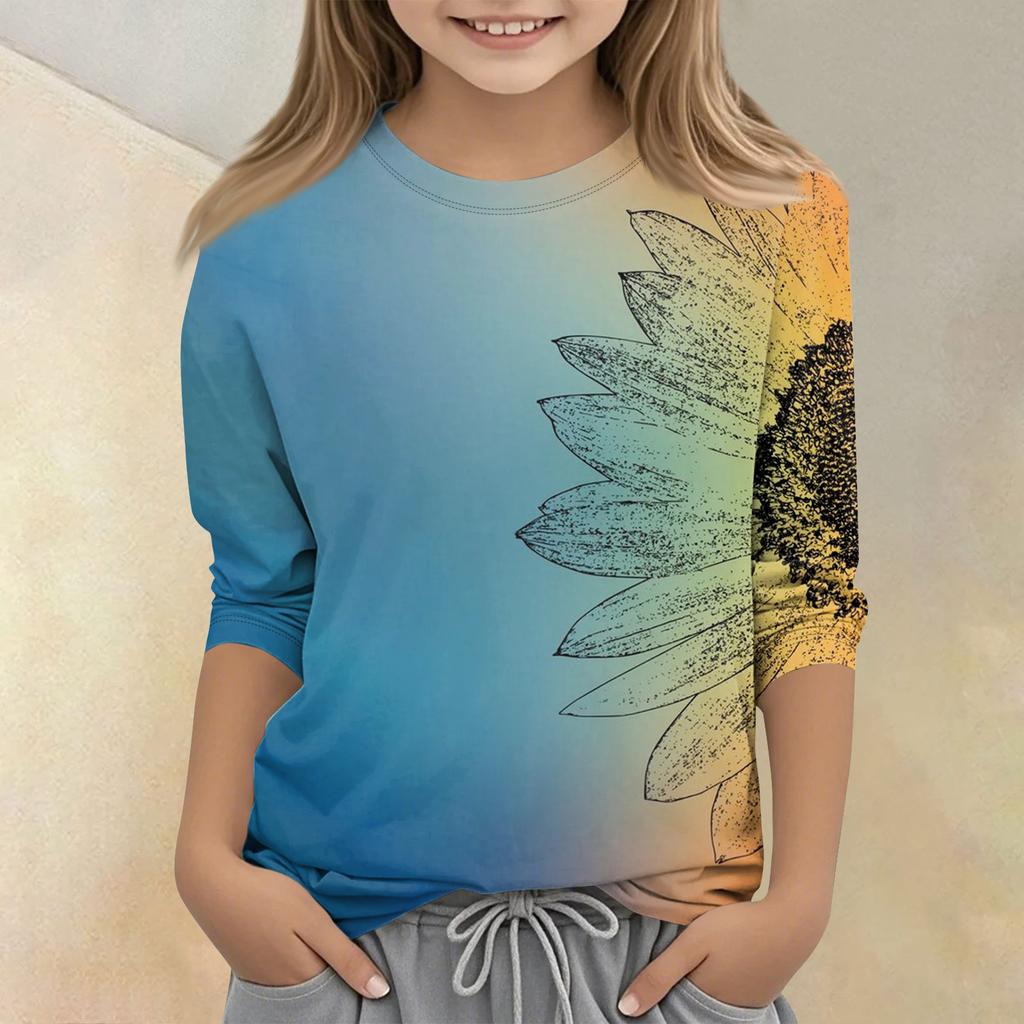 Kinder bedrucktes Rundhals Siebenviertelarm Freizeit T-Shirt