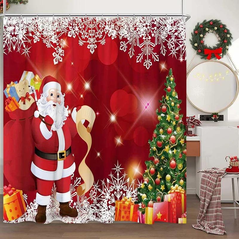 Christmas Shower Curtain Santa Claus Snowman Snowflake Elk Pine Leaf Winter Cartoon Home Polyester Fabric Bathroom Decor Curtain