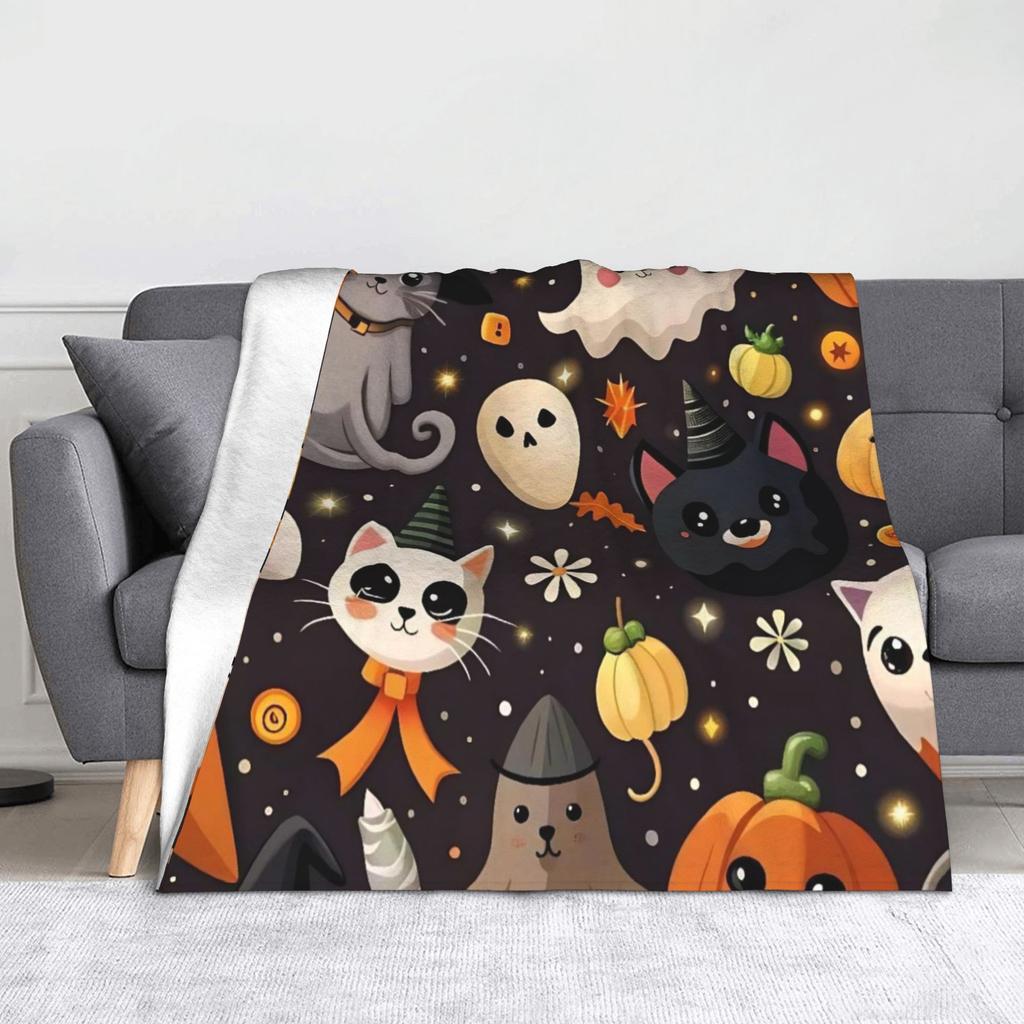 Halloween Blankets Velvet All Season Cats Ghosts Witch Multi-function Lightweight Throw Blankets for Bedding Office Quilt