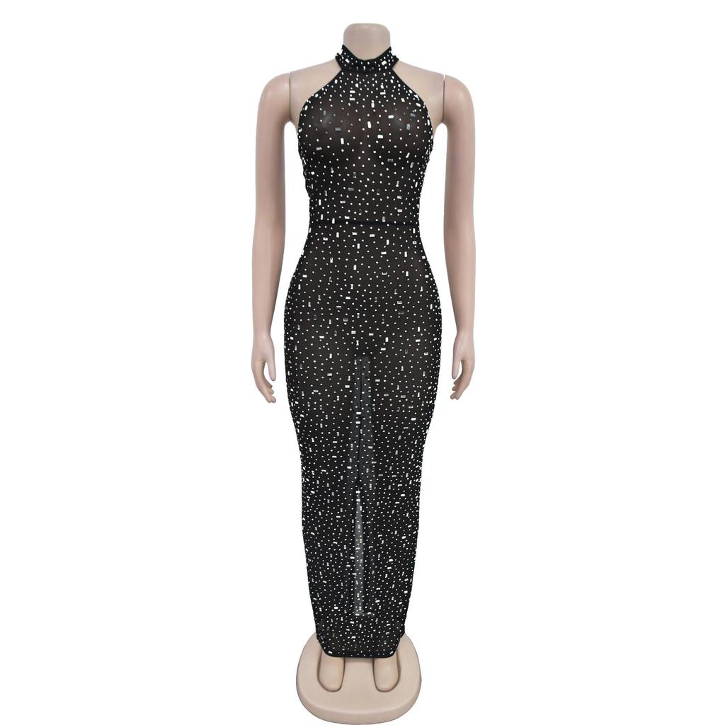Robe Longue Ajustée à Strass pour Femme - Mode Europe & Amérique