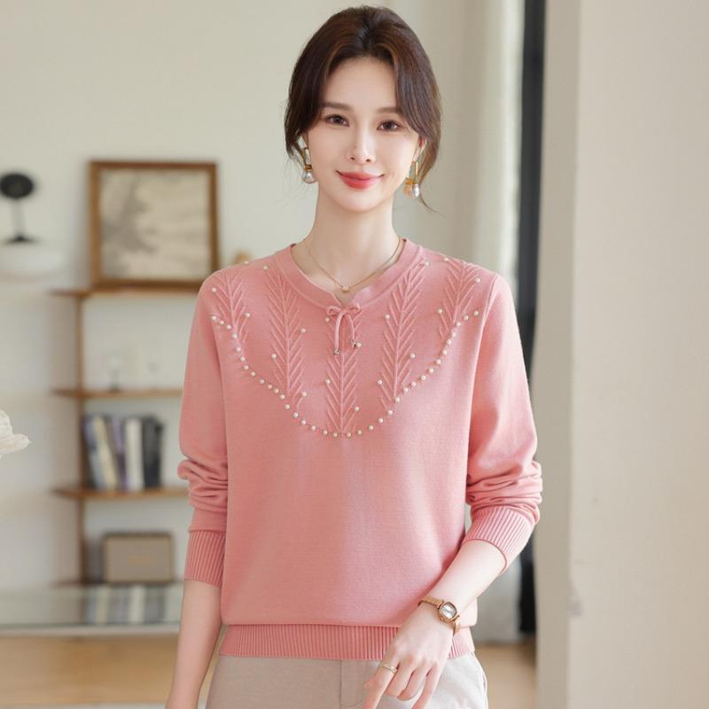 Spring and Autumn New Mom Fashion Knitted Sweater Medium and Old Women's Crew Neck Diamond Sweater Bottom Shirt