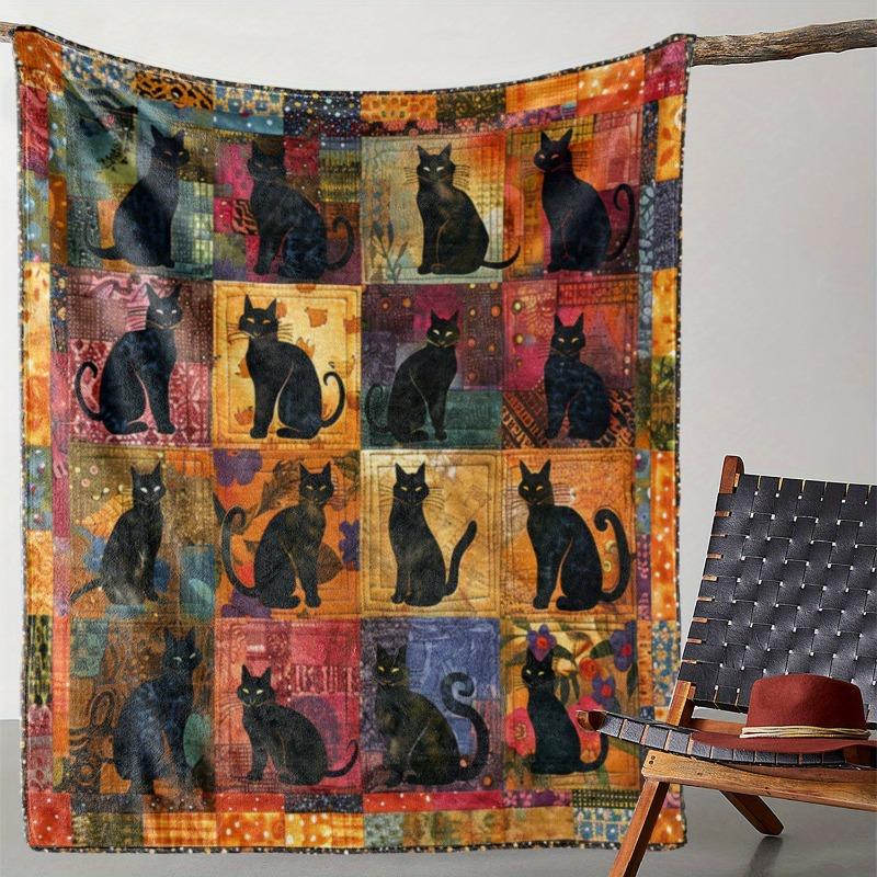 Vintage Style Black Cat Print Flannel Throw Blanket PolComfort for Sofa Bed Car Office Camping Travel Soft Warm Gift Blanket
