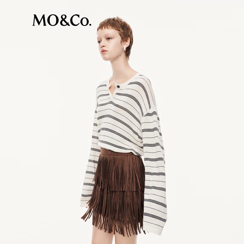 MO&Co. Women's Striped Wool Round Neck Sweater