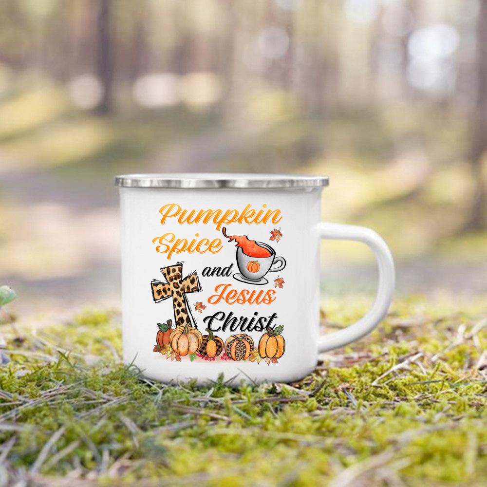 Hello Pumpkin Print Enamel Mugs Coffee Cups Fall Thanksgiving Party Juice Mug Handle Cup Autumn Holiday Gifts for Family Friends