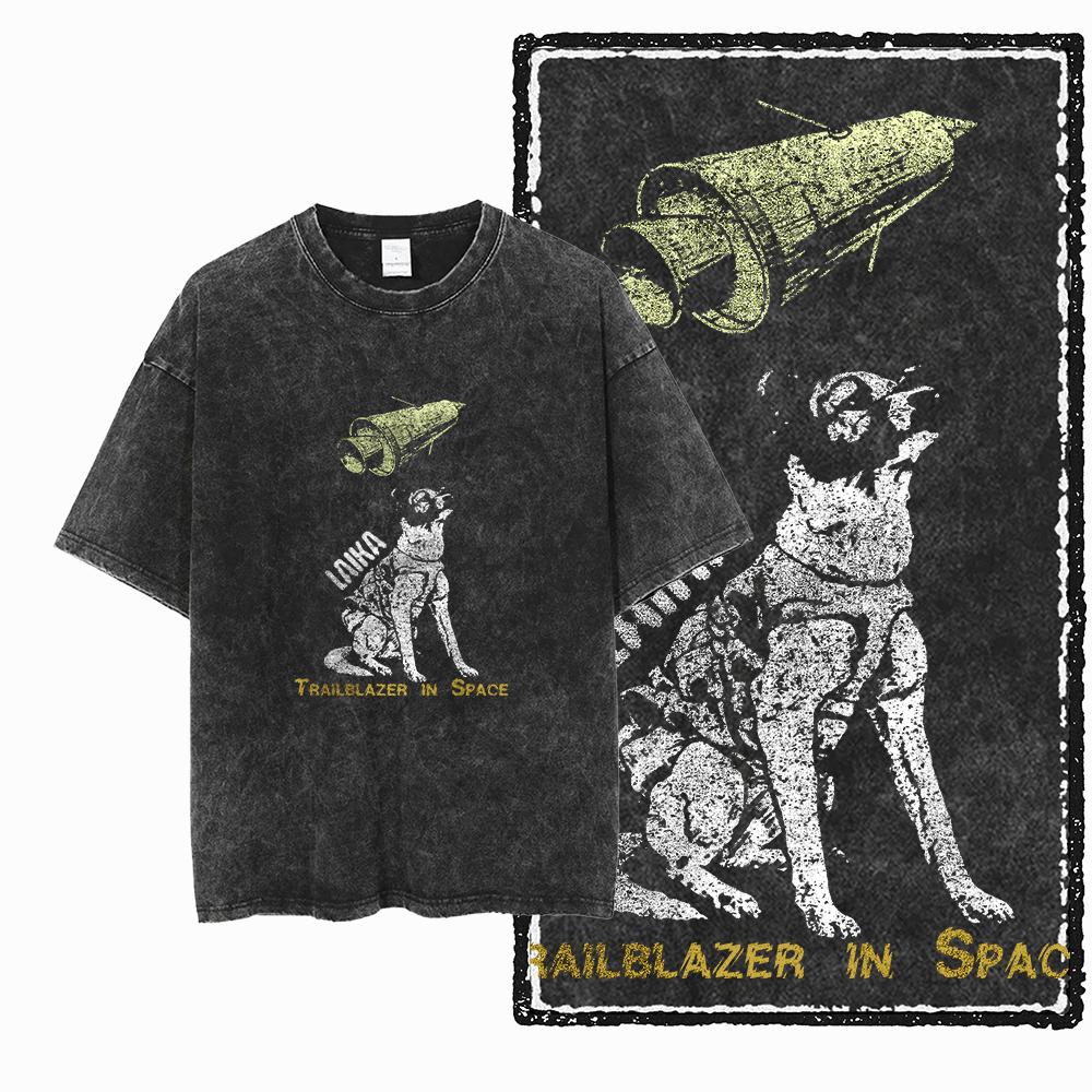 

DCA LAIKA DOG Printed Acid Washed Cotton Streetwear Exclusive Graphic Unisex T Shirt Cool Vintage Men Tshirts Tee for men M