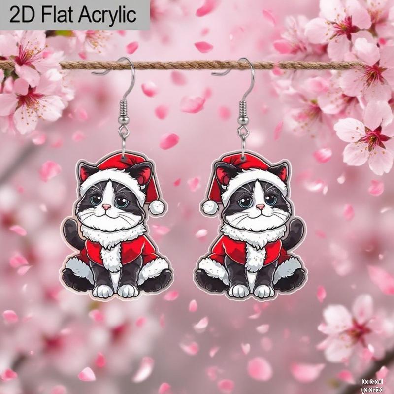Retro Christmas Cat Acrylic Earrings - Cute & Creative Holiday Party Jewelry
