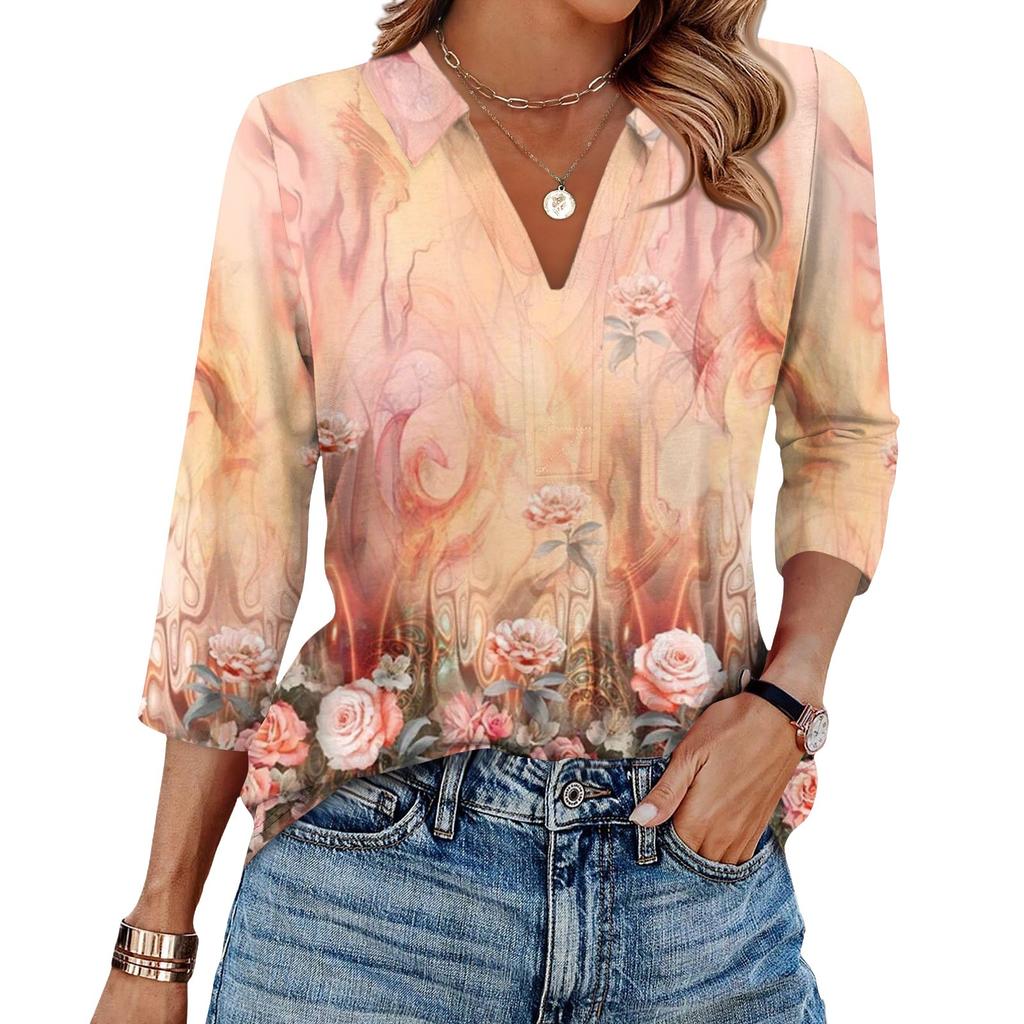 Women's Fashionable Casual Lapel T-Shirt With Retro Floral Print Seven Quarter Sleeve Top