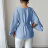 Spring Autumn Solid Belt Casual Loose Blouses Women's Blue Tops Elegant O-Neck Shirts Butterfly Sleeve Blouse Fashion Long Top