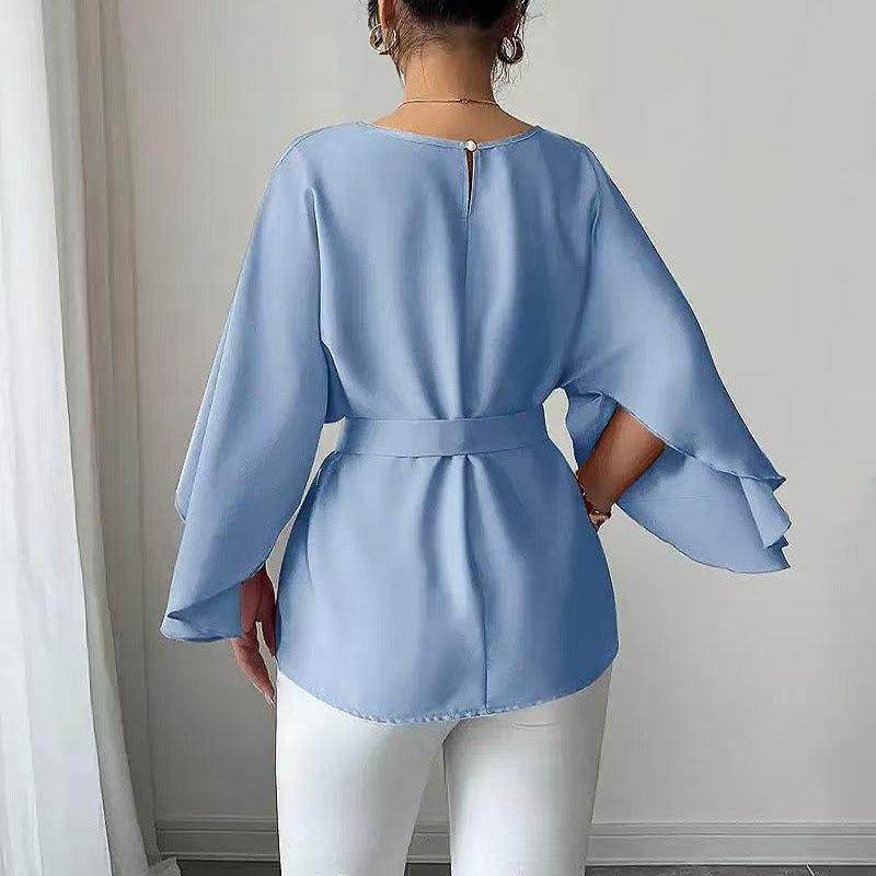 Spring Autumn Solid Belt Casual Loose Blouses Women's Blue Tops Elegant O-Neck Shirts Butterfly Sleeve Blouse Fashion Long Top