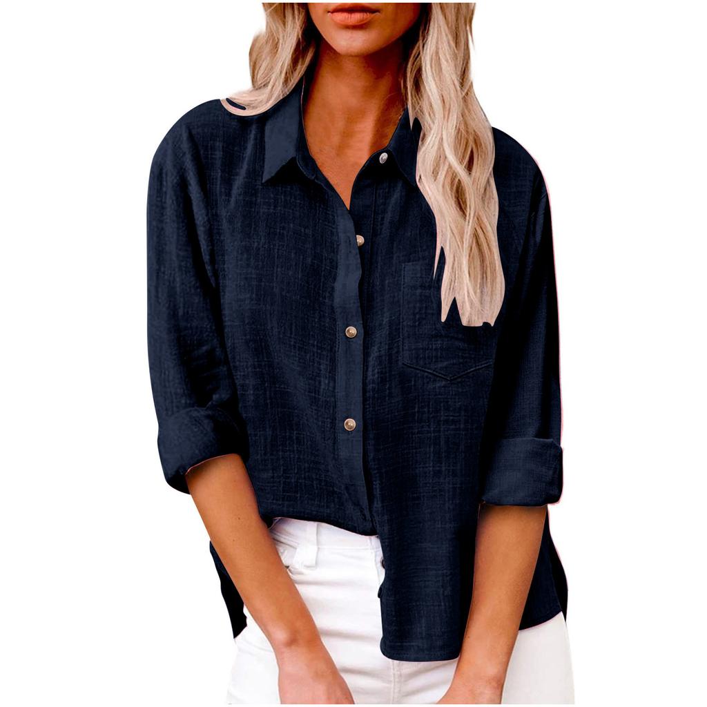 Women Linen Blend Button Down Shirt Turn‑Down Collar Roll‑Up Sleeve Chest Pocket Loose Fit Solid Color Casual Office Blouse Top