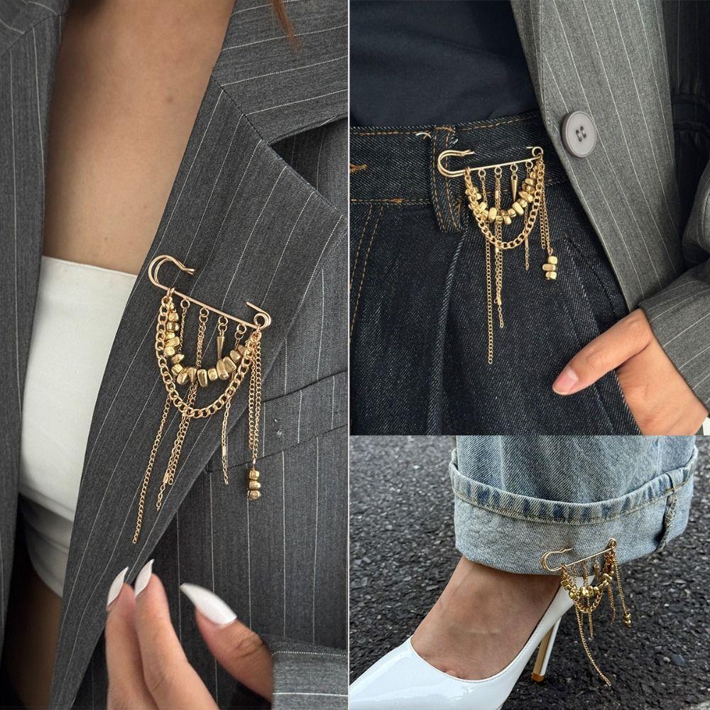 Irregular Chain Tassel Brooch Handmade Tassel Pendant Brooch Pants Chain Pin  Clothing Accessories