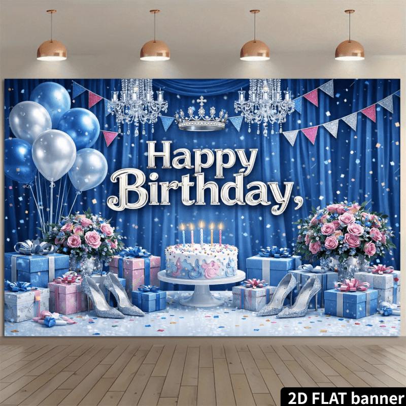 2D Plane, 1 Piece of Dark Blue Silver Birthday Backdrop Fabric, with a Dark Blue Gradient Starry Sky Background