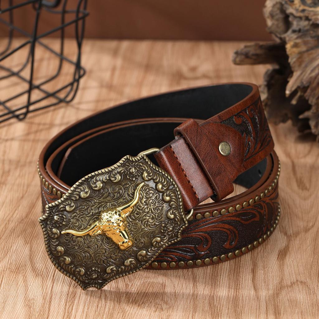 Vintage Western Denimbelte Ku hode Stor plate spenne Denim Gravert Etnisk stil Herre Punk PU lærbelte