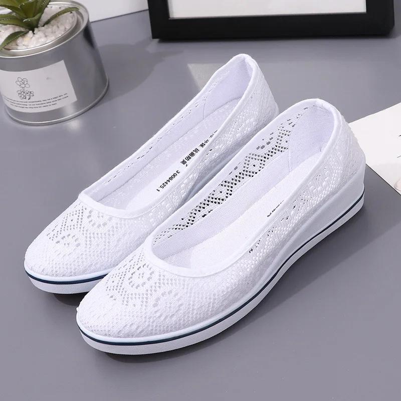 Fashion Comemore White Lace Hollow Breathable Shoes Flat Mid Wedge Heel Women's Summer Slip On Shoes Size 34-41 Black Sneakers Women