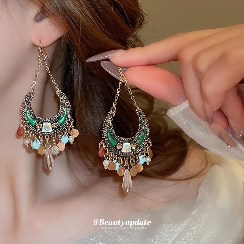 Bohemian color moon sequins fringed earrings ethnic style creative niche earrings temperament fashion earrings