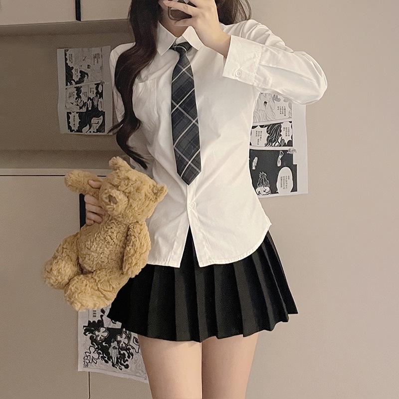 Women's Slim-Fit White Lace-Up Waist-Cinching Long Sleeve Academy Style Shirt