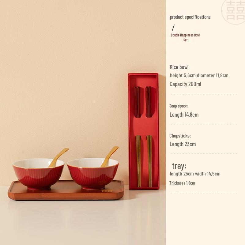 Double Happiness Wedding Bowl & Chopsticks Set: Creative Red Ceramic Gift for Newlyweds
