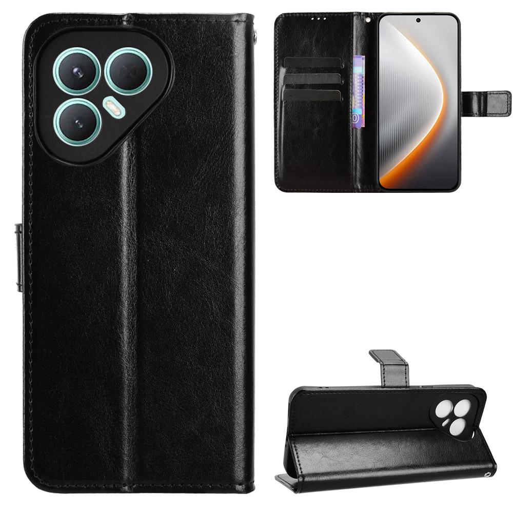 

For TECNO Pova 7 Ultra 5G PU Leather Case with Strap Crazy Horse Texture Phone Wallet Cover Black