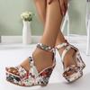 Fashion Boho Shiny Embroidered Flower Fish Mouth Sandals for Women Roman Wedge Shoes Platform Back Zipper Comfortable High Heel Sandalis